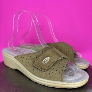 Fly Flot Silvia Tan Suede Slip-On Open Toe Wedge Heel Sandal EU 39